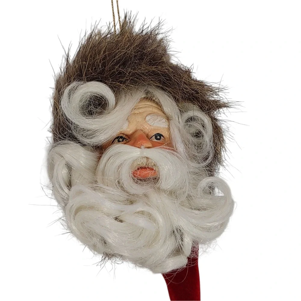 Vintage Santa Claus Head Ornament with Lush Beard Long Velvet Hat Faux Fur Hangs